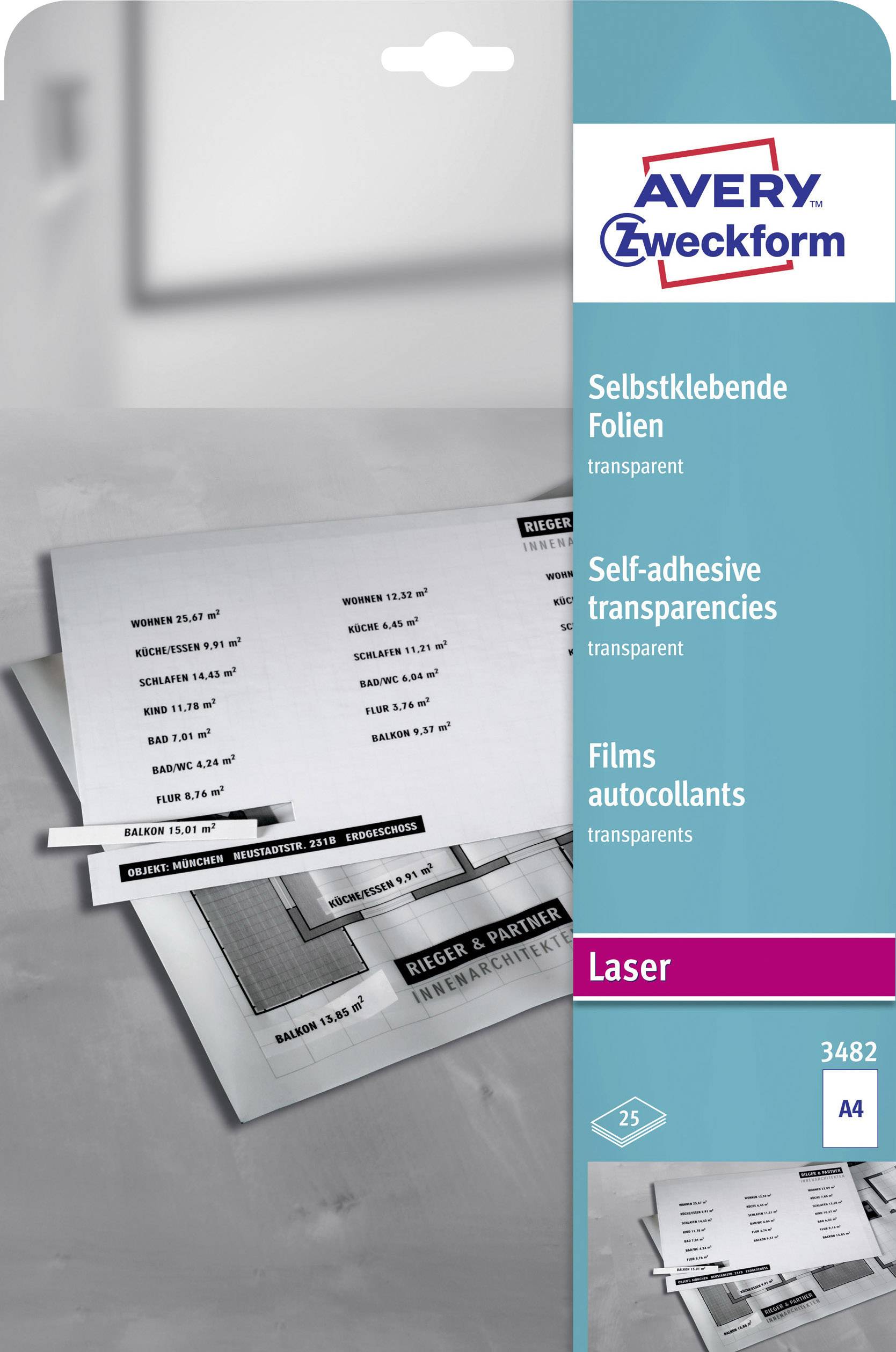 Packung Avery Zweckform selbstklebende Folien, transparent, A4, 25 Stück. Enthält Informationen über Laserbedruckbarkeit.