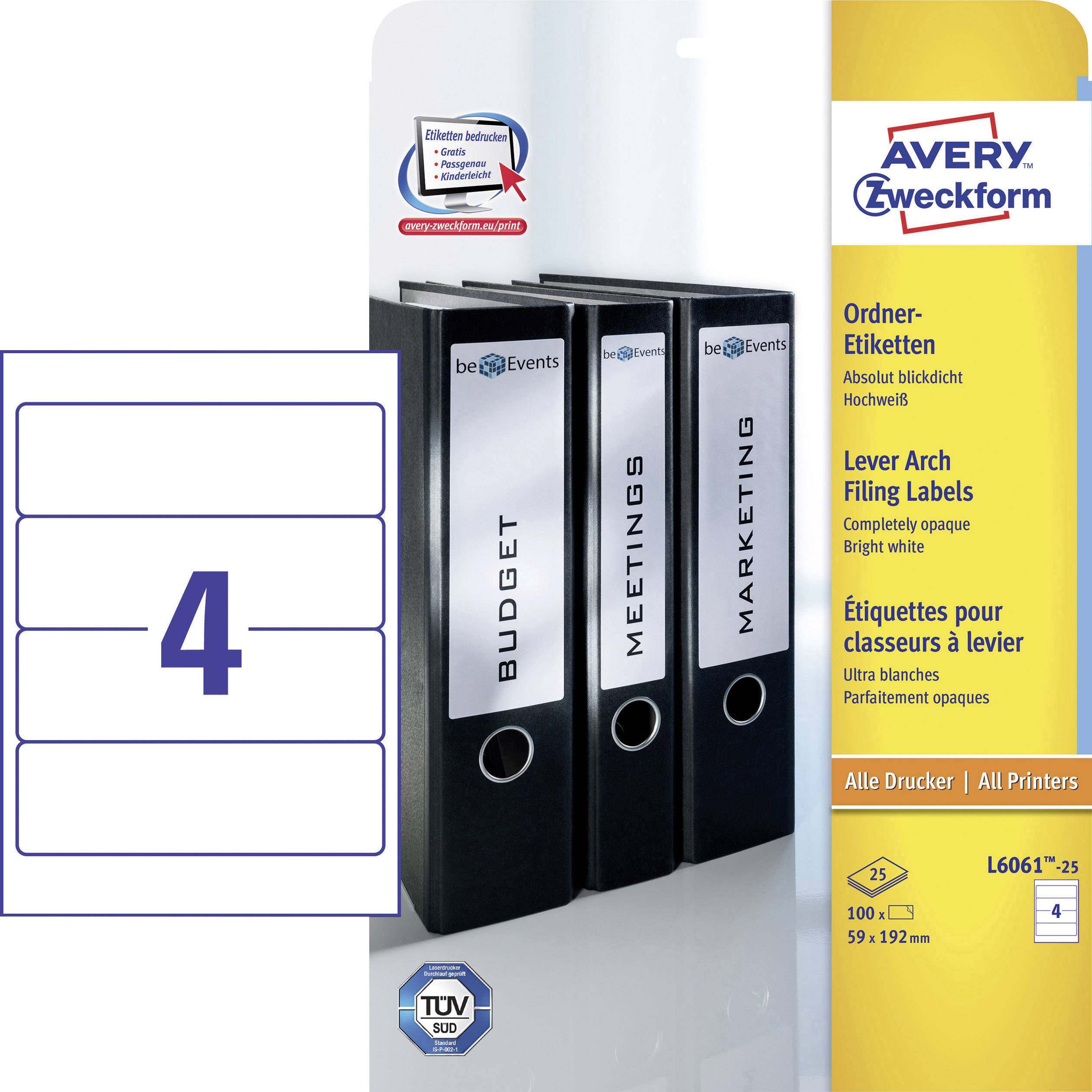 Drei schwarze Ordner mit Etiketten 'BUDGET', 'MEETINGS', 'MARKETING'. Etiketten von Avery Zweckform; 25 Blatt, 100 Etiketten, weiß.