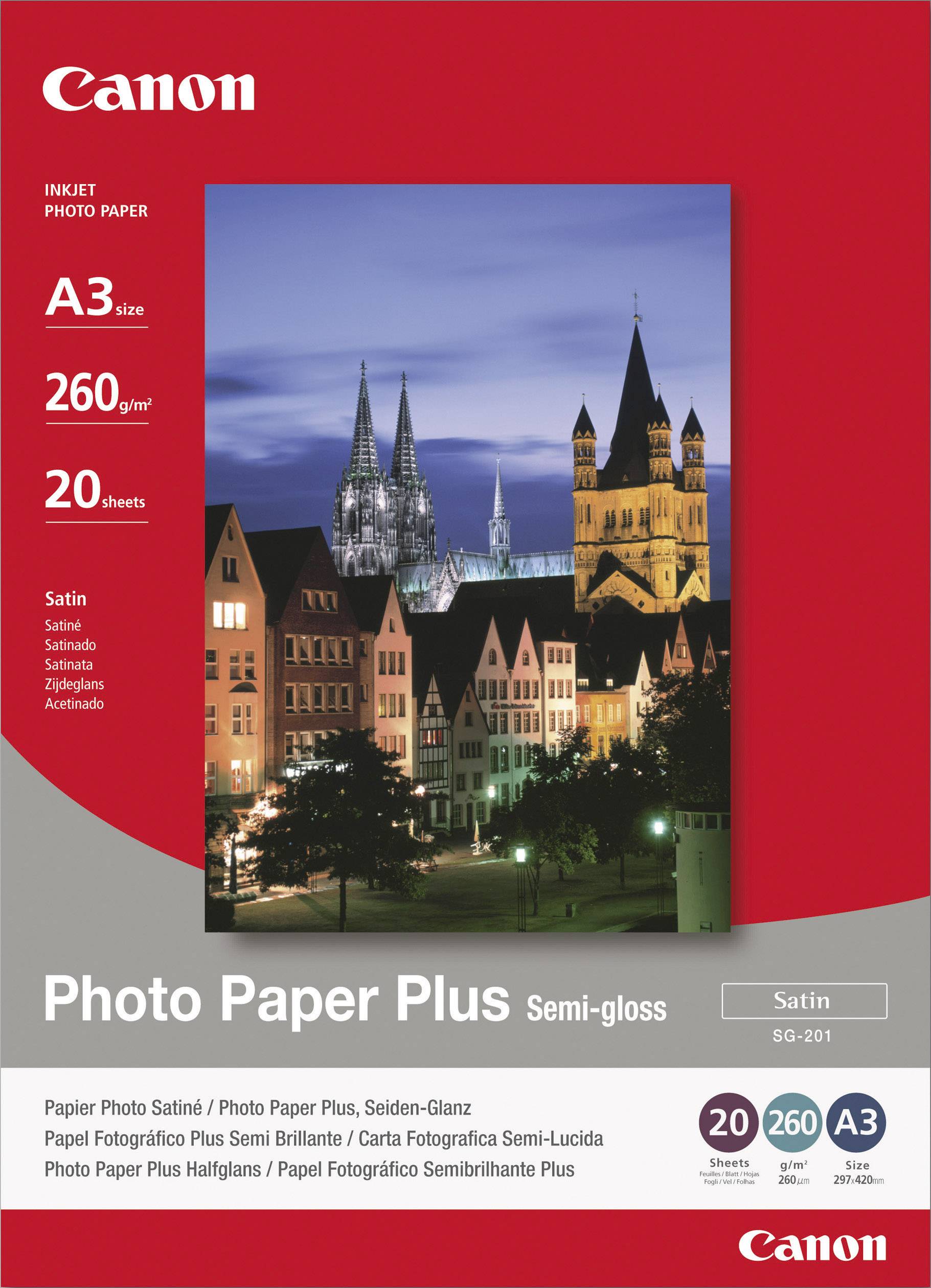 Verpackung für 'Canon Inkjet Photo Paper Plus Semi-gloss'. Enthält 20 A3-Blätter mit 260 g/m². Abgebildet ist eine Stadtansicht bei Nacht.