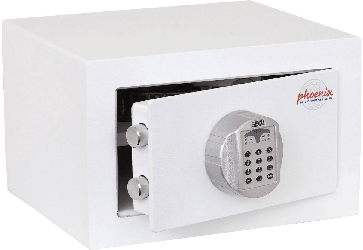 Ein weißer elektronischer Tresor mit offenem Türschlitz, ausgestattet mit einem Zahlenschloss. Text 'phoenix' auf der Tür rechts.