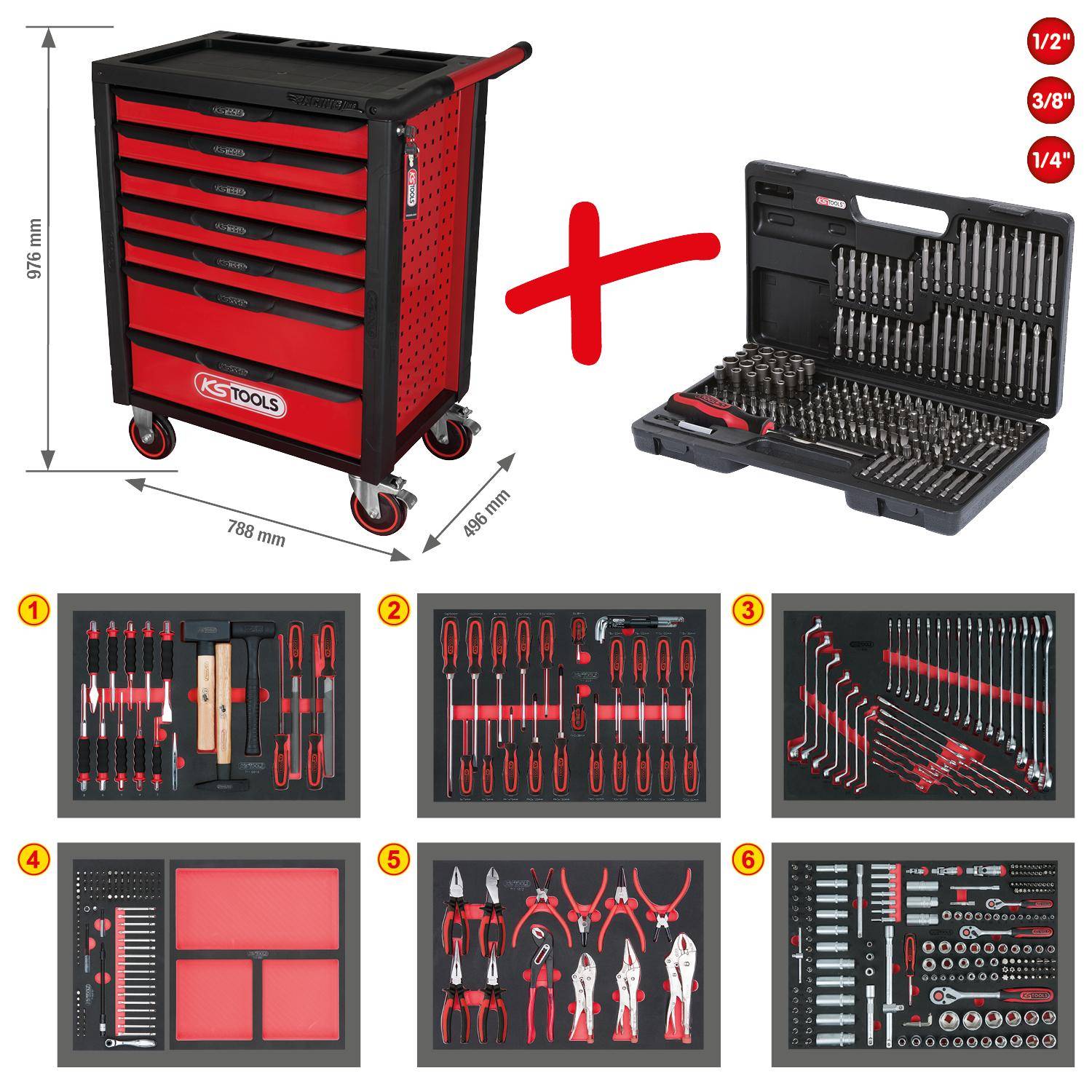 Werkzeuge-Maschinen GmbH RACINGline SCHWARZ/ROT Werkstattwagen mit 7 Schubladen