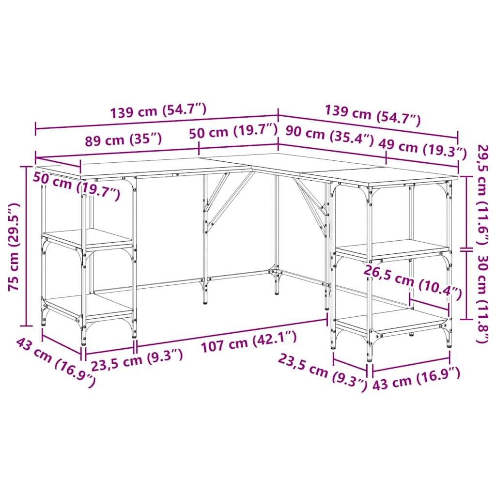 vidaXL Schreibtisch Räuchereiche 139x139x75 cm Holzwerkstoff