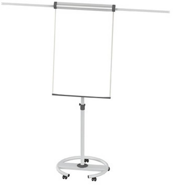 Drehbares Flipchart auf einem runden Ständer mit Rollen, geeignet für Präsentationen oder Meetings.