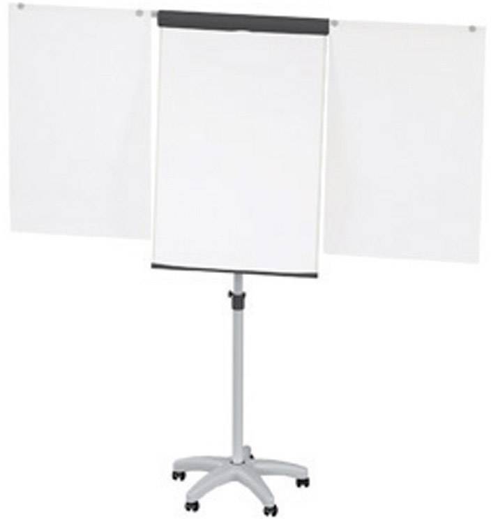 Ein leeres Flipchart mit zwei ausgeklappten Seitenflügeln auf einem Ständer, bereit für Präsentationen oder Notizen.