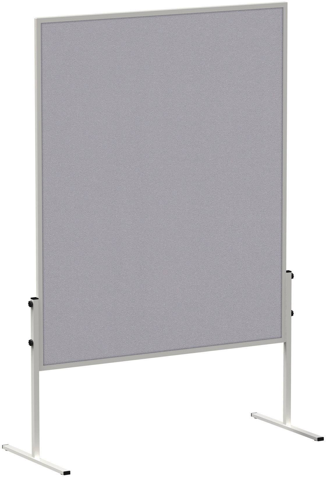 Graues, stehendes Pinnwand-Display mit stabilen Metallbeinen, geeignet für Präsentationen oder Ausstellungen.