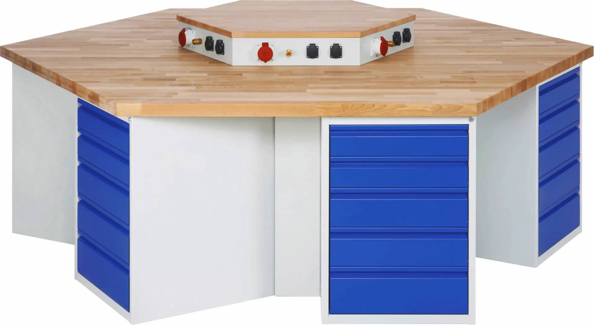 Gruppenwerkbank - Modell 497 BASIC, BxTxH 2700x2340x890 mm, Buche-Massiv Arbeitsplatte 40 mm, 30 Schubladen mit Ausz