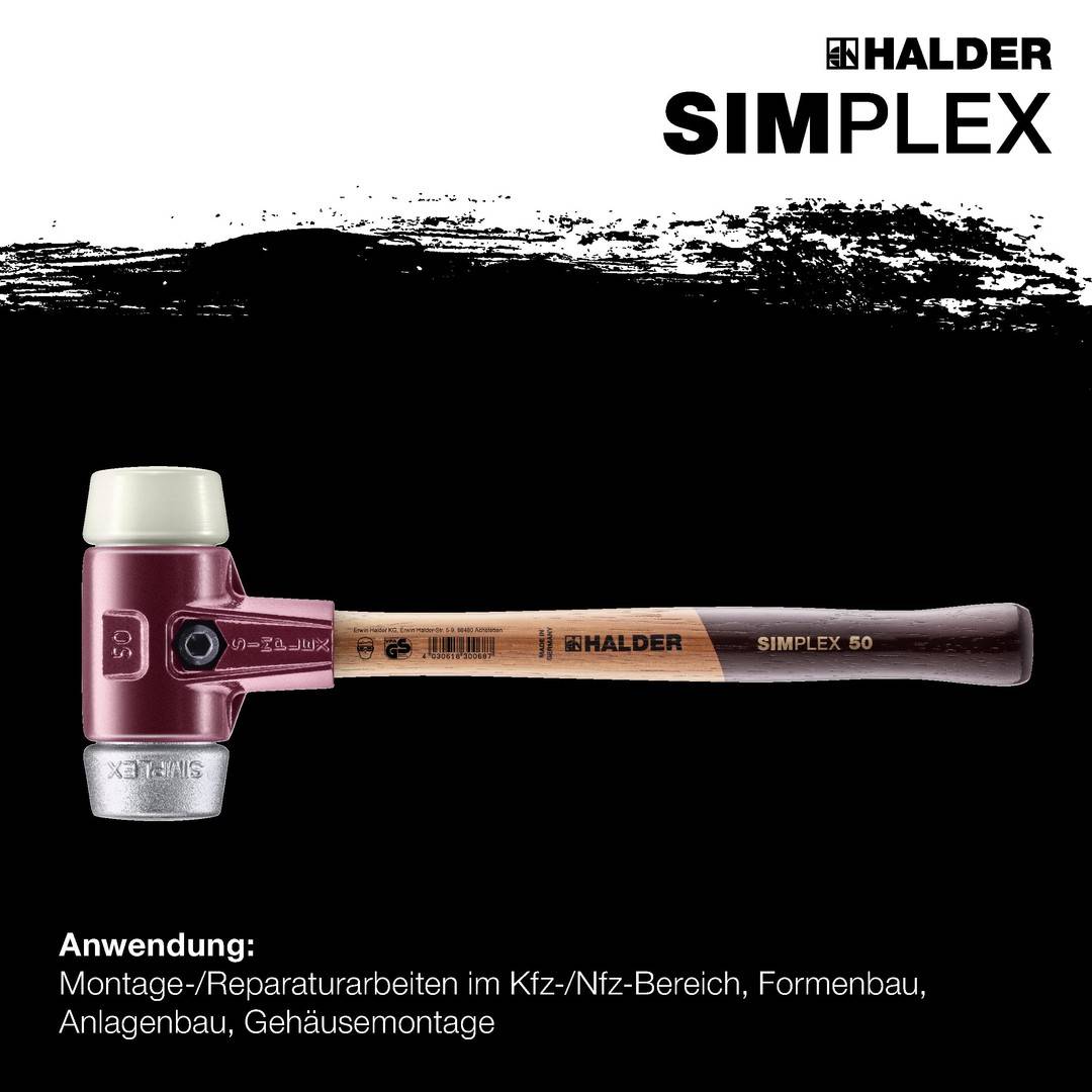 Schonhammer SIMPLEX L.325mm Kopf-D.40mm Holz TG-Geh. Nylon/Weichmetall HALDER