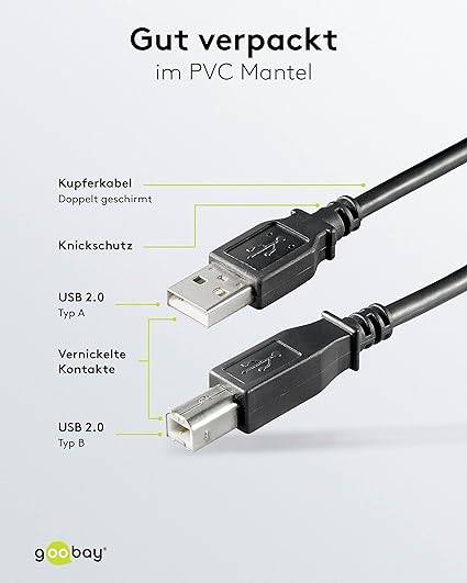 Goobay 68901 USB A 2.0 auf USB B Druckerkabel / Typ B Kabel / 480 Mbits / USB-B für Drucker & Scanner / Schwarz / 3m