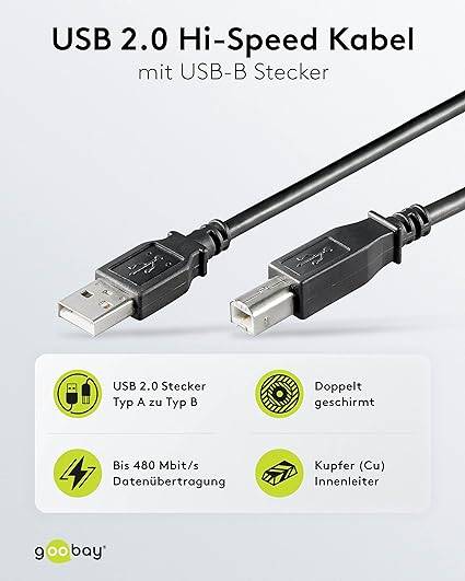 Goobay 68902 USB A 2.0 auf USB B Druckerkabel / Typ B Kabel / 480 Mbits / USB-B für Drucker & Scanner / Schwarz / 5m