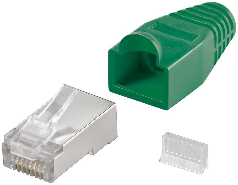 Goobay RJ45 Stecker, CAT 5e STP geschirmt mit Knickschutztülle für Rundkabel, mit Einfädelhilfe Grün