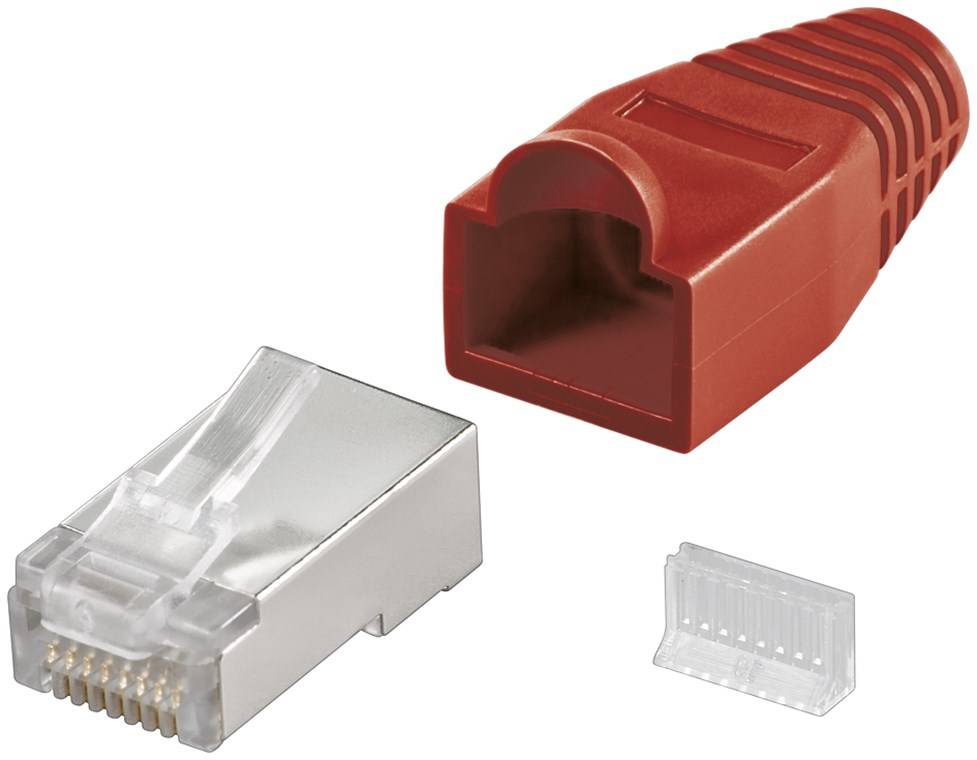 Goobay RJ45 Stecker, CAT 5e STP geschirmt mit Knickschutztülle für Rundkabel, mit Einfädelhilfe Rot