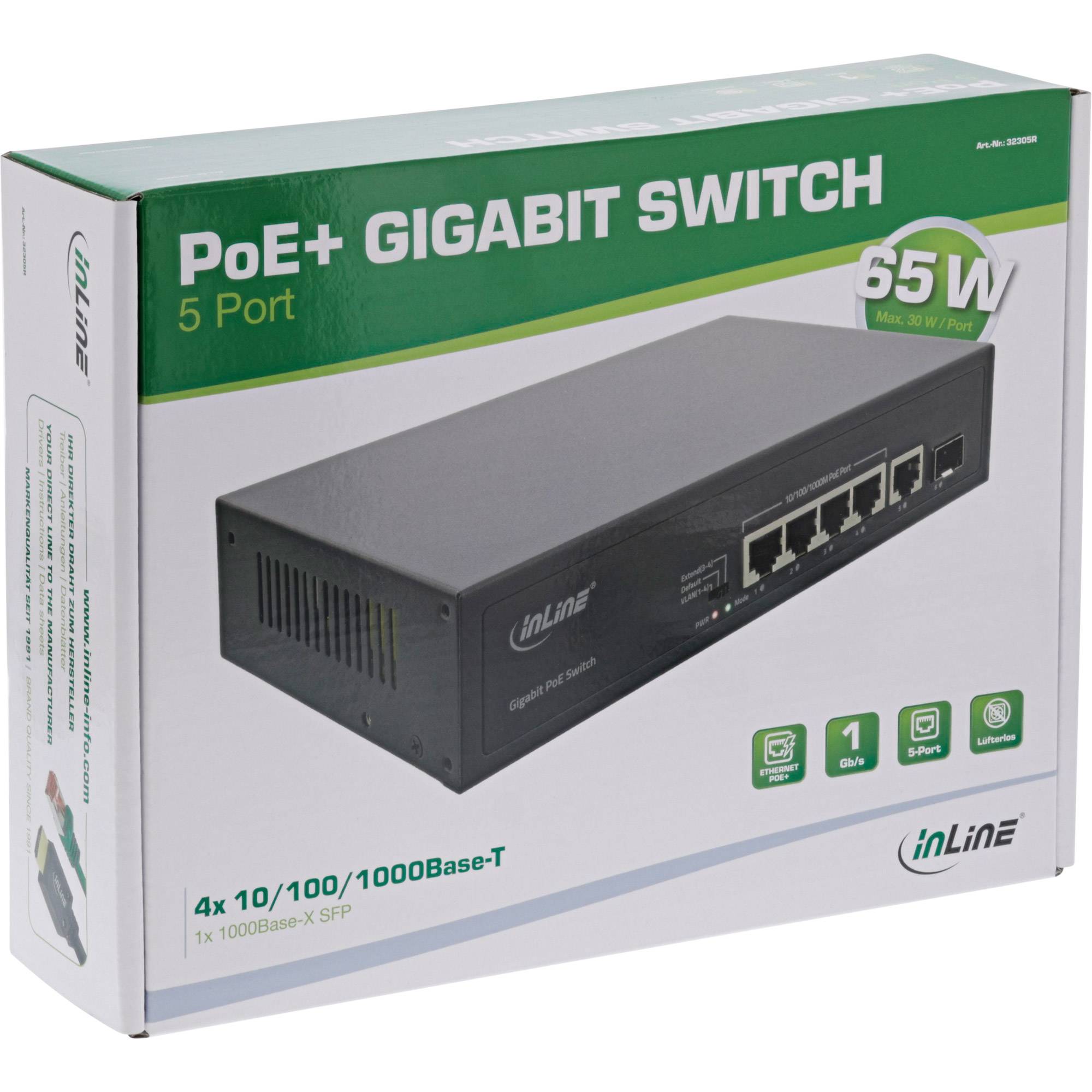 InLine® PoE+ Gigabit Netzwerk Switch 5 Port (4x PoE+), 1xSFP, 1Gb/s,