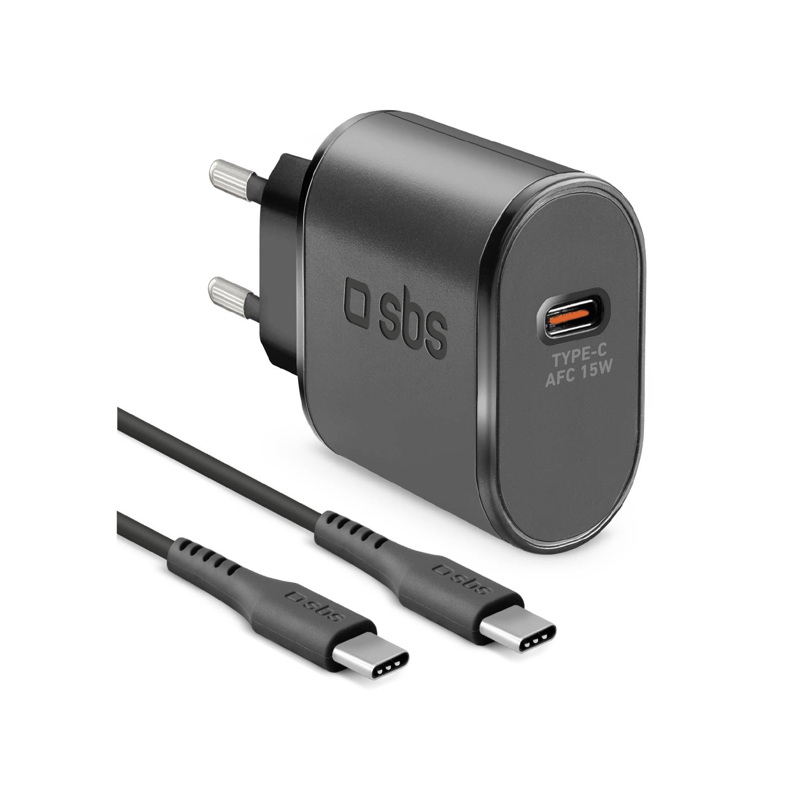 SBS Reiselader 1x USB-C 15W inkl. USB-C-Kabel 1m schwarz - Schwarz