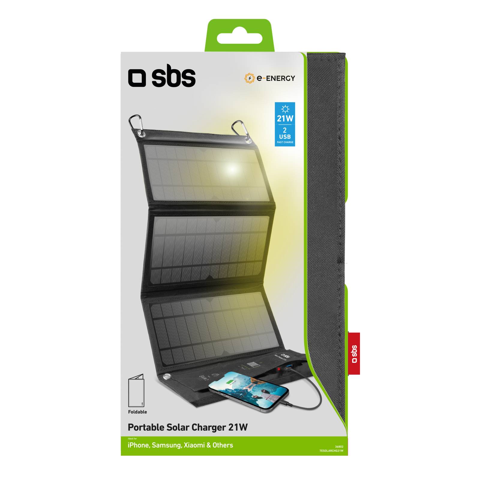 SBS TESOLARCHG21W, 21 W, 5 V, 2,1 A, Schwarz, USB Typ-A, 160 mm