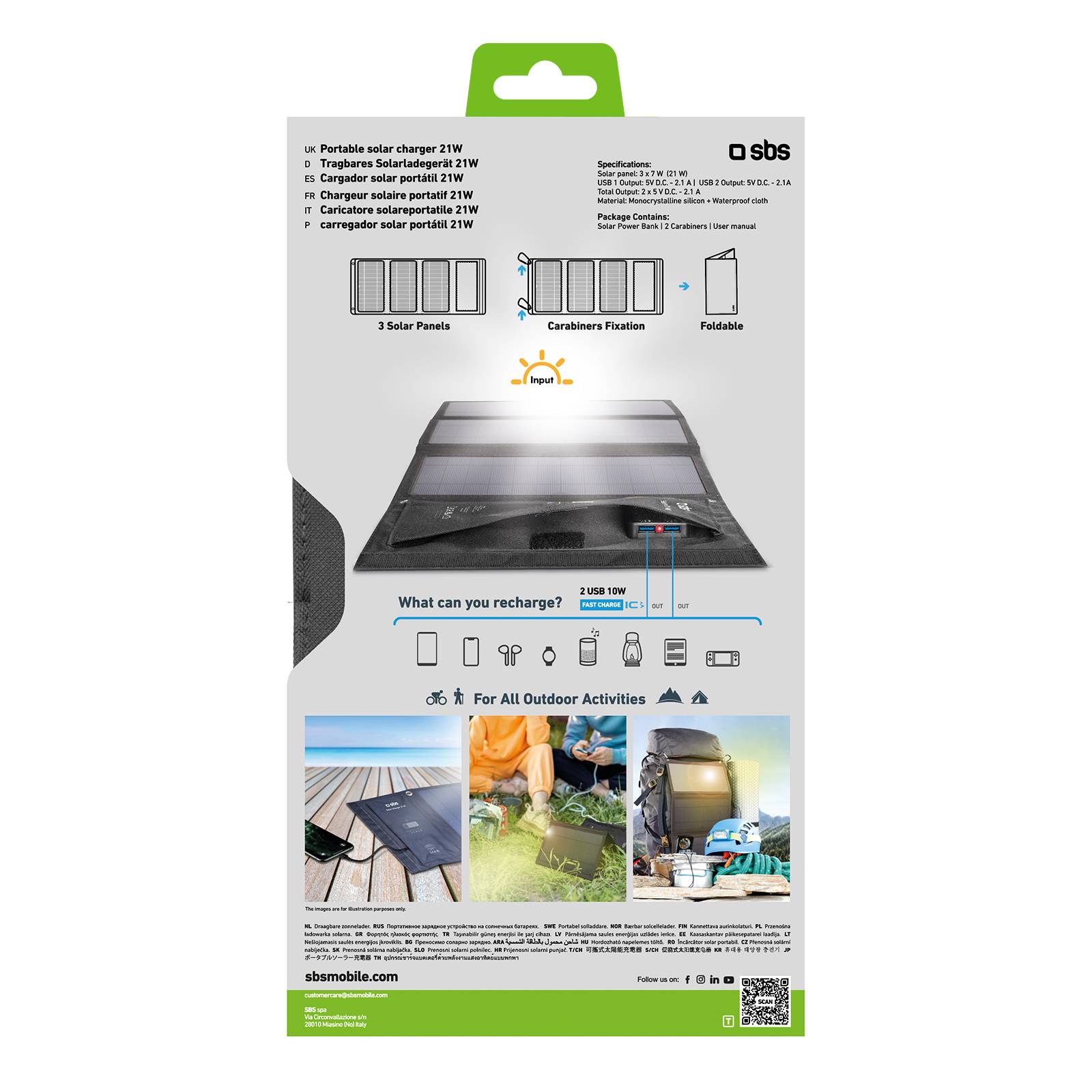 SBS TESOLARCHG21W, 21 W, 5 V, 2,1 A, Schwarz, USB Typ-A, 160 mm