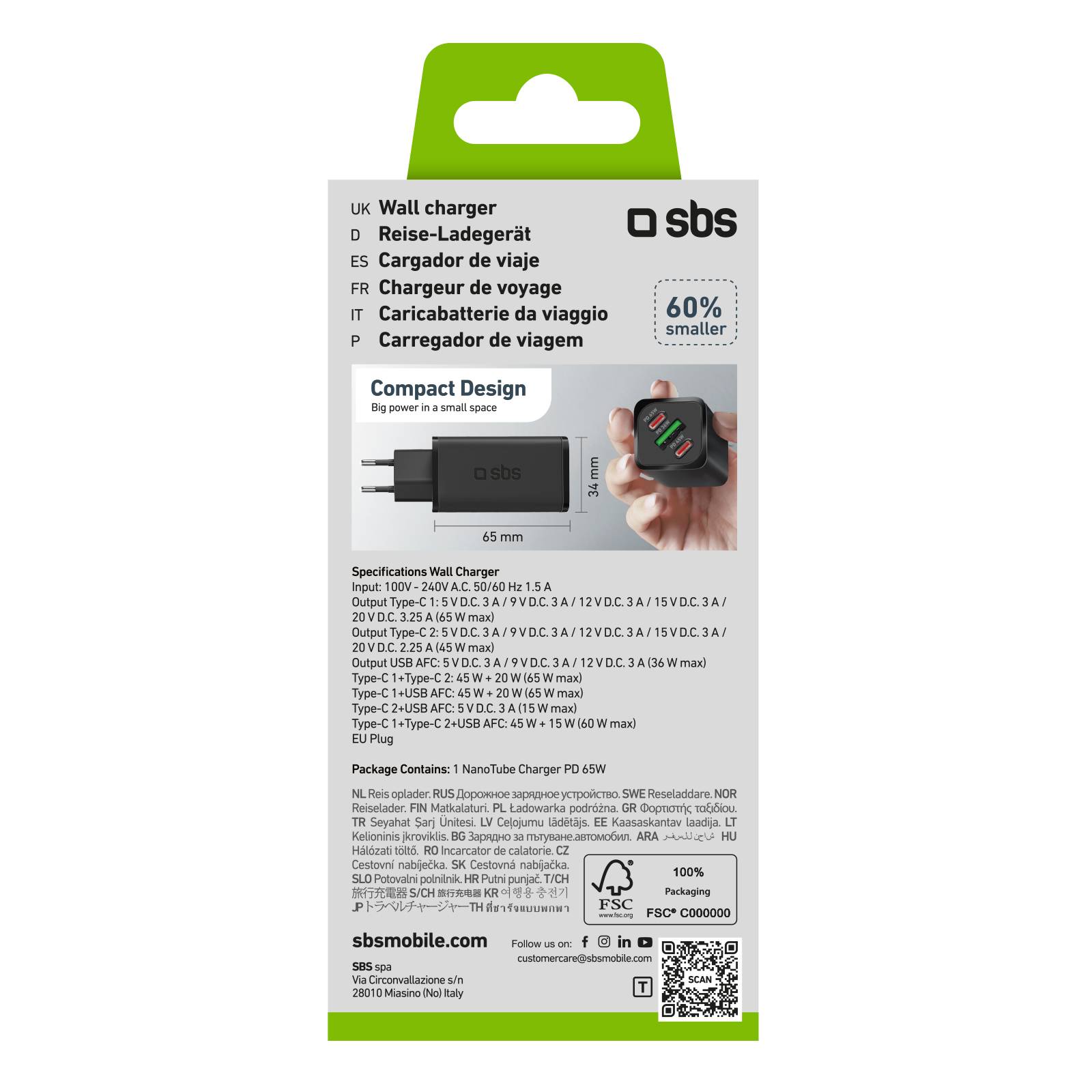 SBS TETRGANUSB2C65W - Drinnen - AC - 12 V - SchwarzGaN-Ladegerät 65 Watt mit