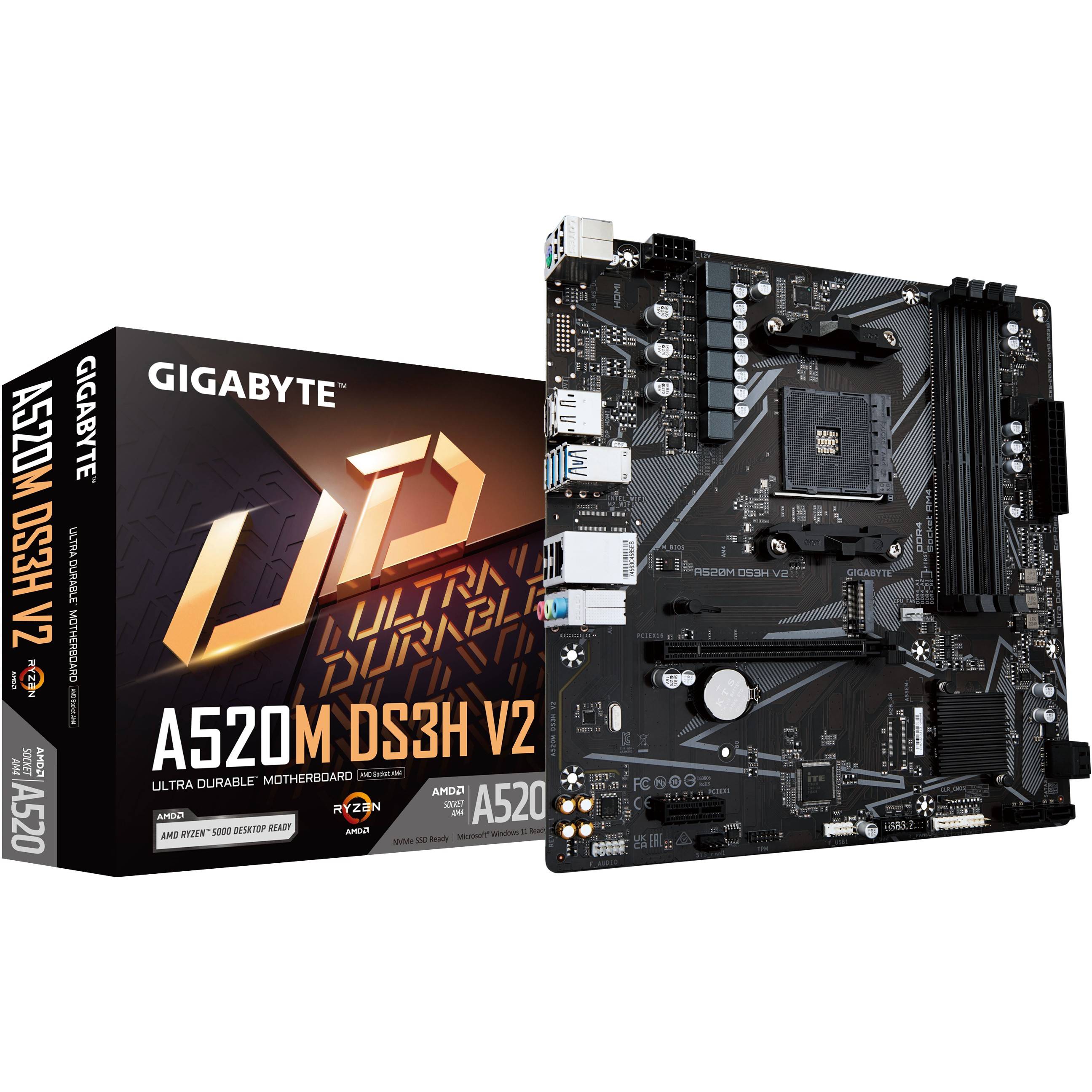 Gigabyte A520M DS3H V2 Mainboard - Unterstützt AMD Ryzen 5000 Serie AM4 CPUs - bis zu 4733 MHz DDR4 (OC) - PCIe 3.0 x16 - GbE LAN - USB 3.2 Gen 1
