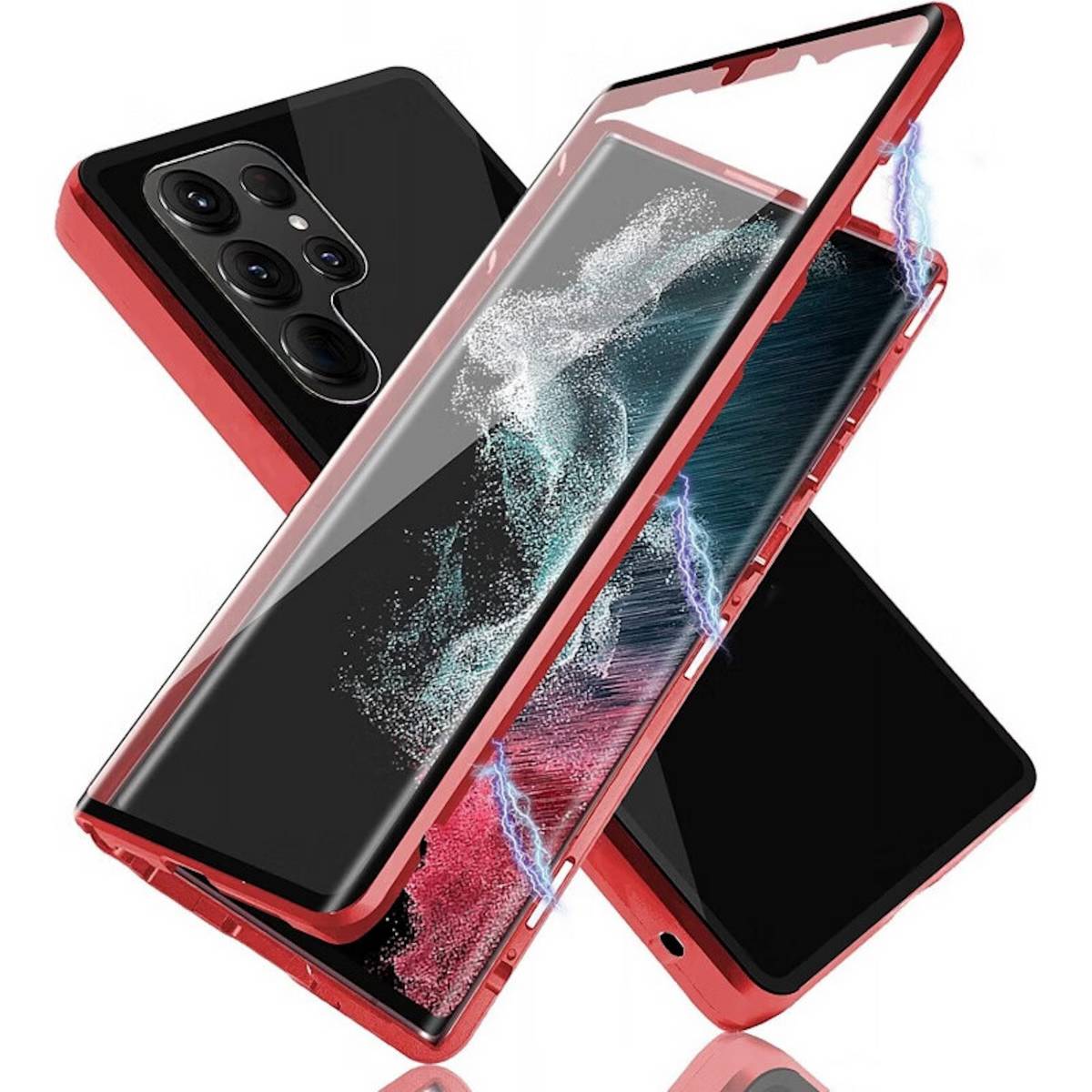 Für Samsung Galaxy S24 Ultra Beidseitiger 360 Grad Magnet Glas Hülle Handy Tasche Bumper Rot