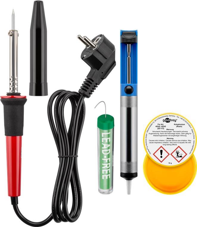 Goobay 45243 Lötkolben 30W Werkzeug Set Tasche / Entlötpumpe Lötzinn Lötfett / Schraubendreher Zange Crimpen / 20-teilig