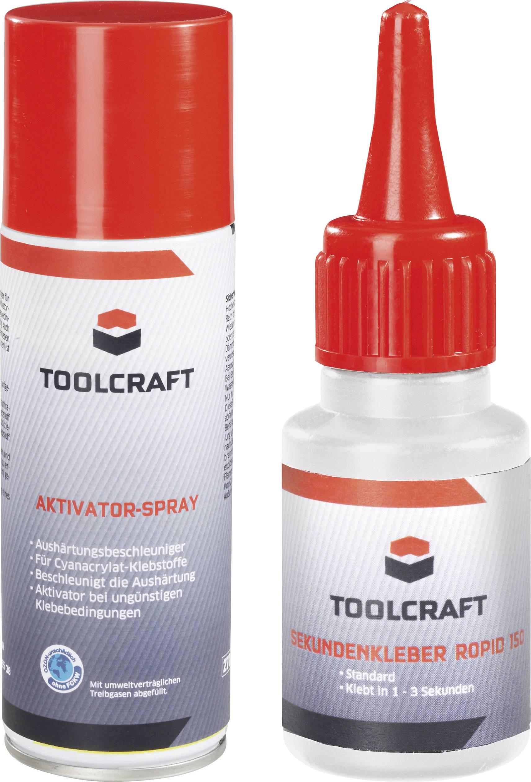 Zwei Toolcraft-Kleber: Ein Spray mit roter Kappe und ein Kleberfläschchen mit rotem Etikett, beide für schnelle Klebeverbindungen.