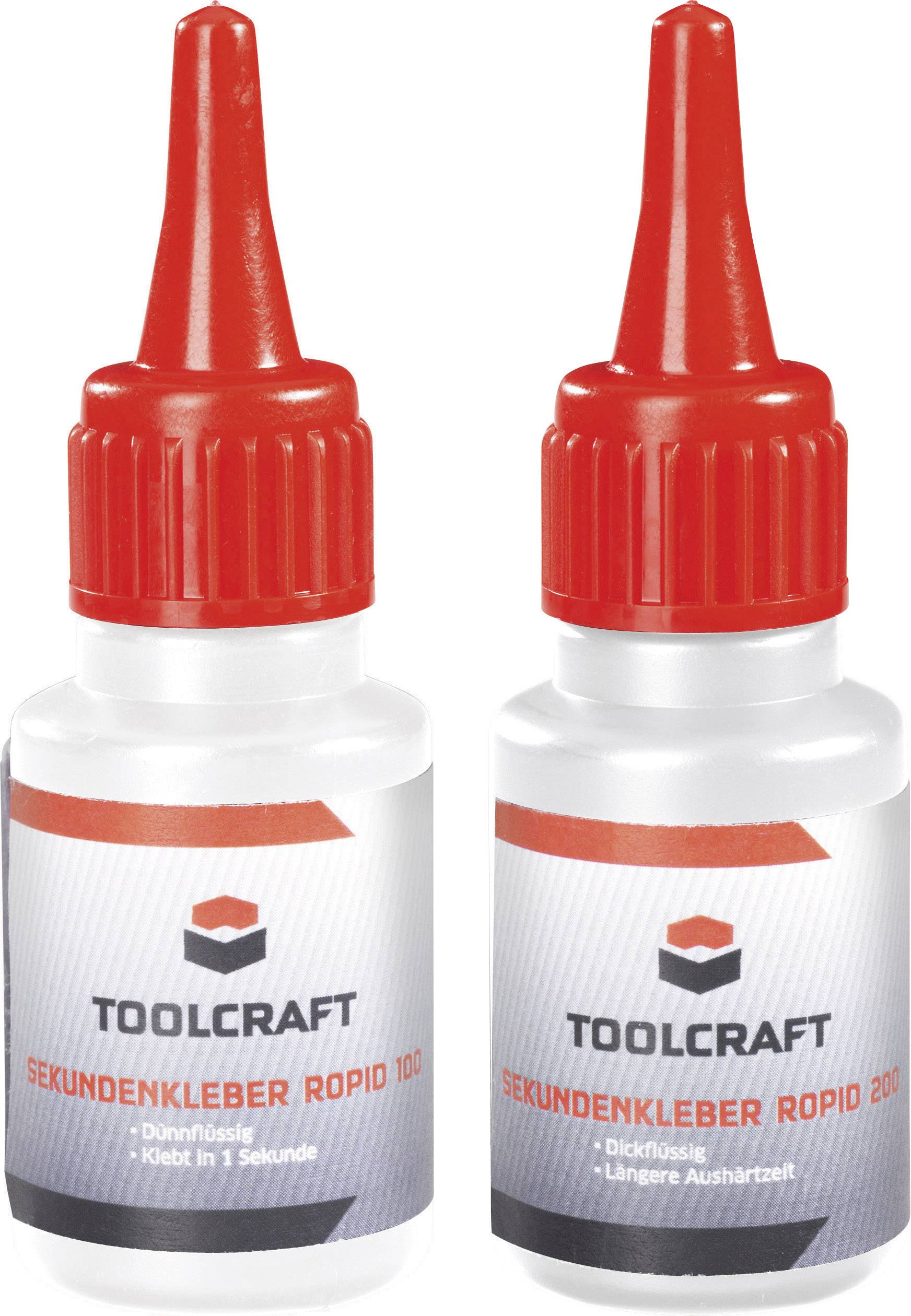 Zwei Flaschen TOOLCRAFT Sekundenkleber Ropid 200. Text auf Flasche: 'Dünnflüssig', 'Dickflüssig', 'Klebt in 1 Sekunde', 'Längere Aushärtezeit'.