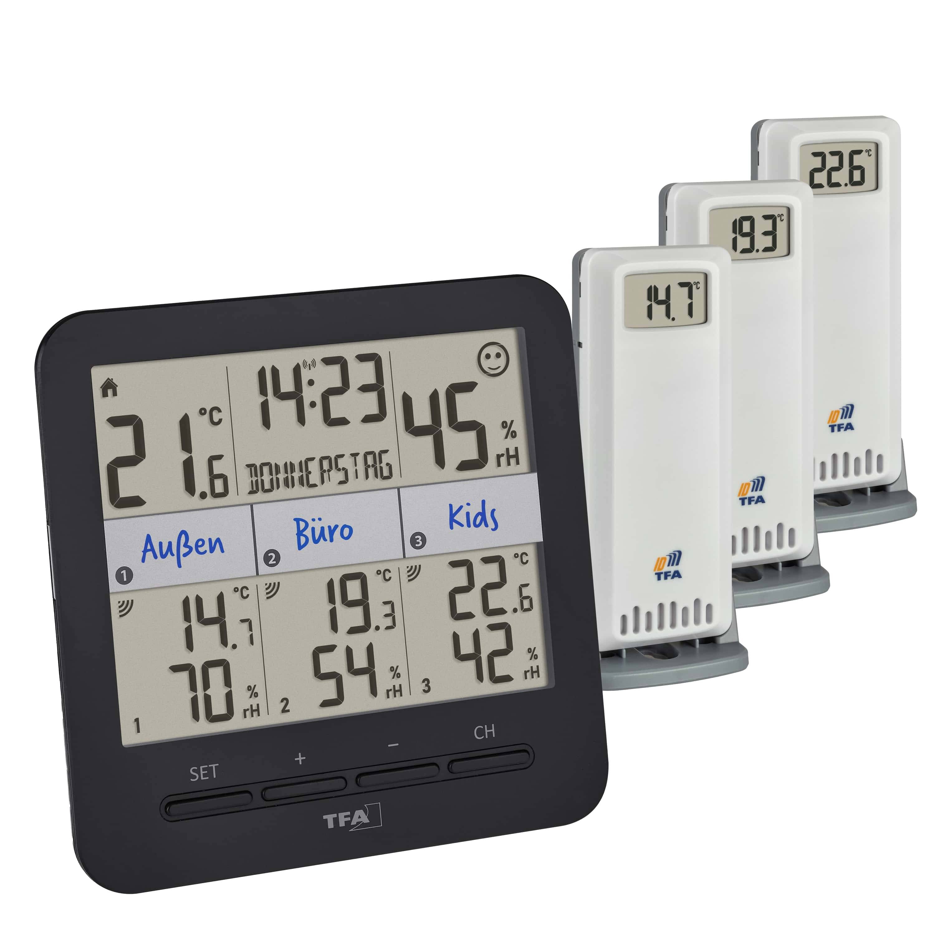 TFA Funk-Thermo-Hygrometer Klima@Home2, 30.3075.01, mit 3 Sendern, schwarz