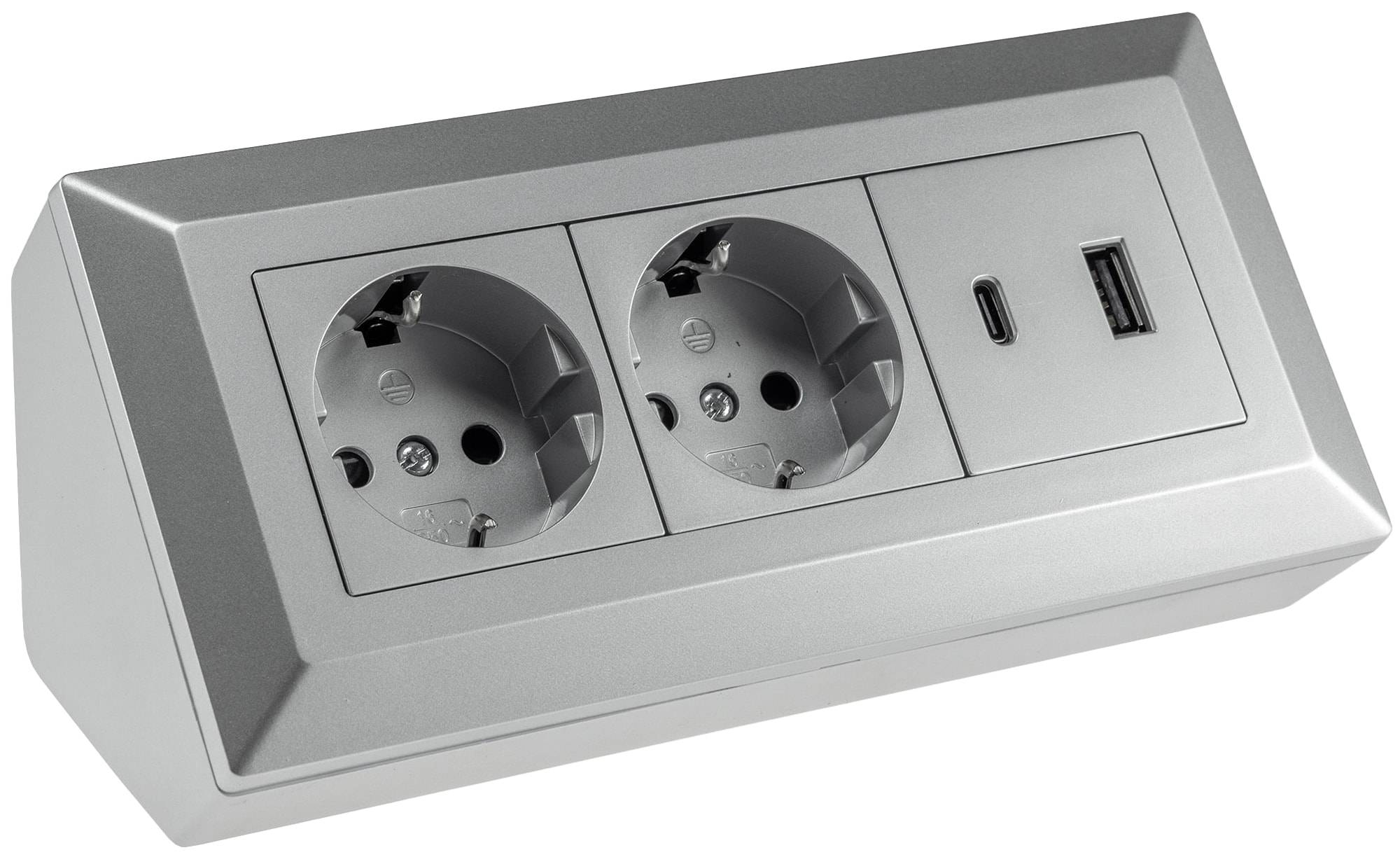 ChiliTec - 2-fach Steckdosenblock USB-A&C, silber 250V~/ 16A