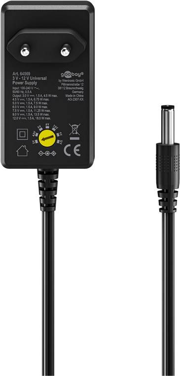 Goobay 64569 Universal Netzteil 3-12V Ladegerät 11 Adapter USB & DC Steckernetzteil max. 18W / 1,5A Netzadapter Schwarz