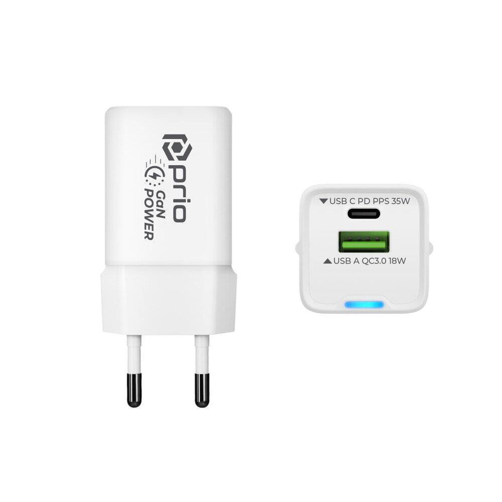 prio Wandladegerät GaN Power 35W PD PPS (USB C) + QC 3.0 (USB A) weiß