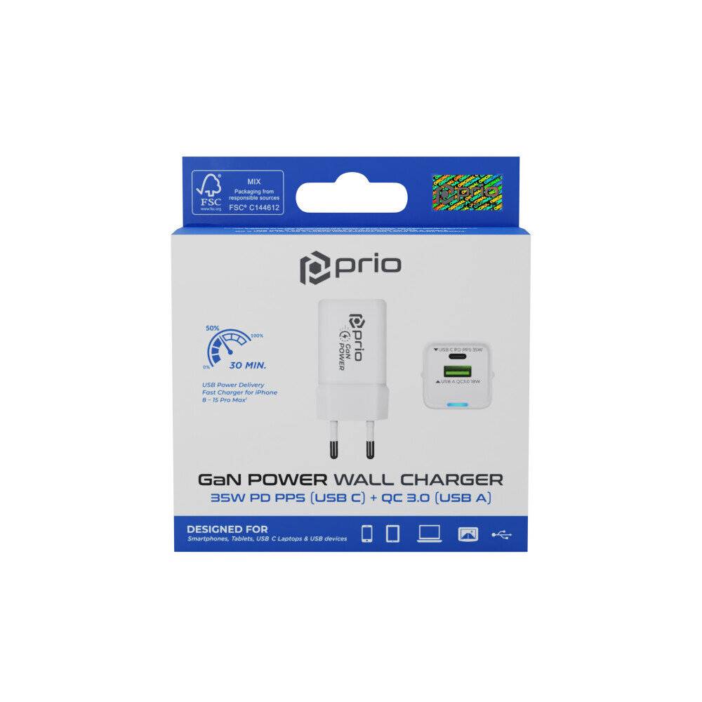 prio Wandladegerät GaN Power 35W PD PPS (USB C) + QC 3.0 (USB A) weiß