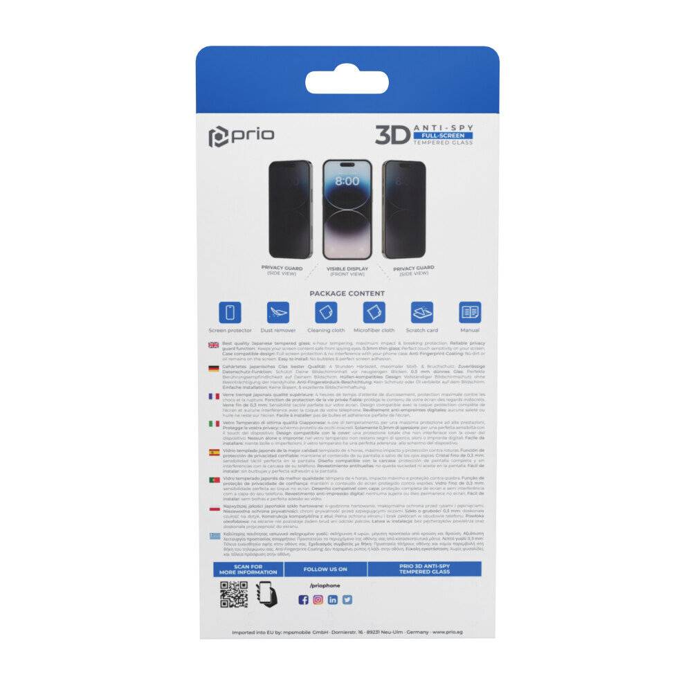Prio 3D Anti-Spy Panzerglas für iPhone 15 Pro (6,1 Zoll) schwarz