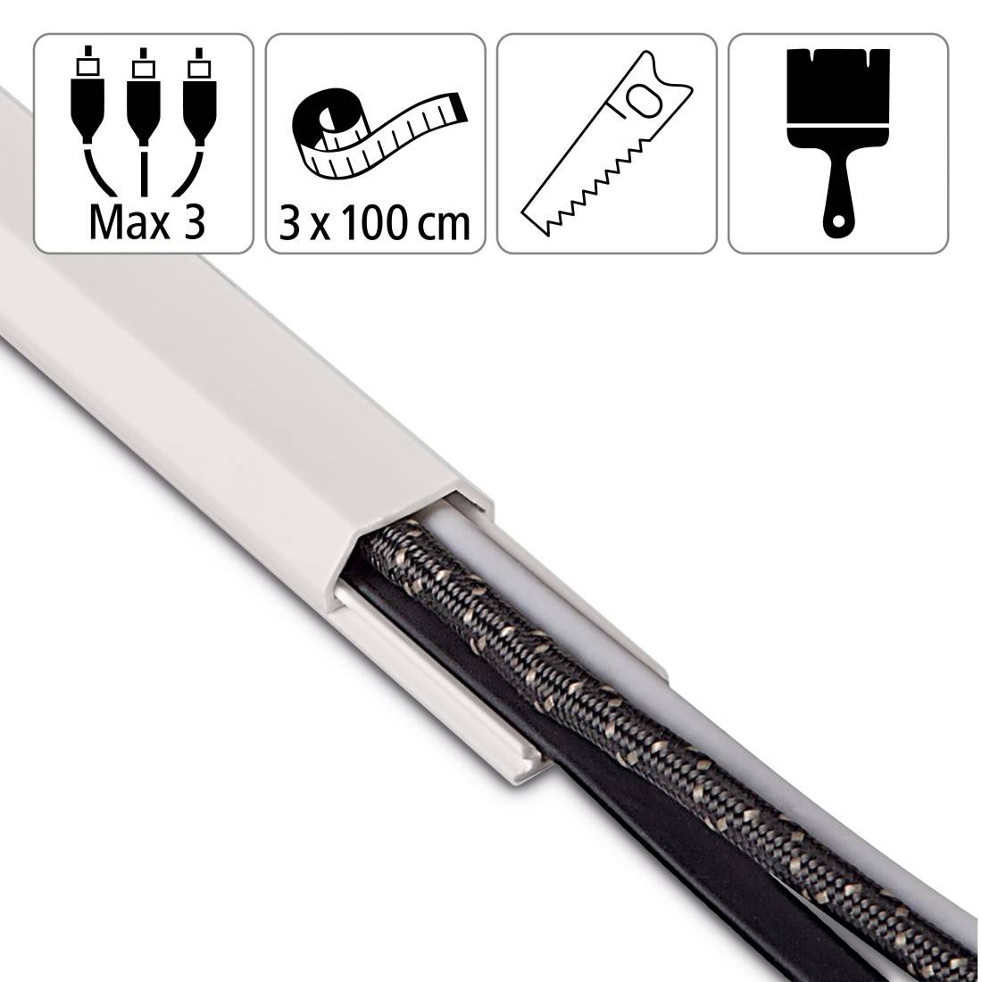hama 00220981 Kabelkanal, 3 Stück, selbstklebend, eckig, 100 x 2,1 x 1 cm, PVC, Weiß