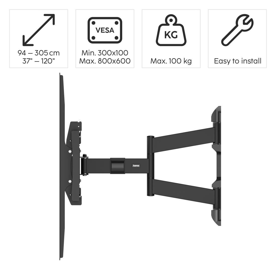 hama 00220839 TV-Wandhalterung, schwenkbar, neigbar, ausziehbar, 305cm (120"), bis 100 kg