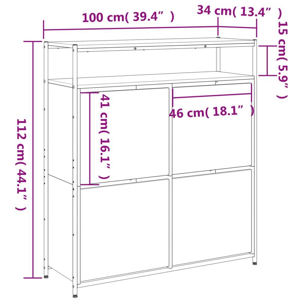 vidaXL Schuhschrank mit 4 Klappen Grau Sonoma 100x34x112 cm
