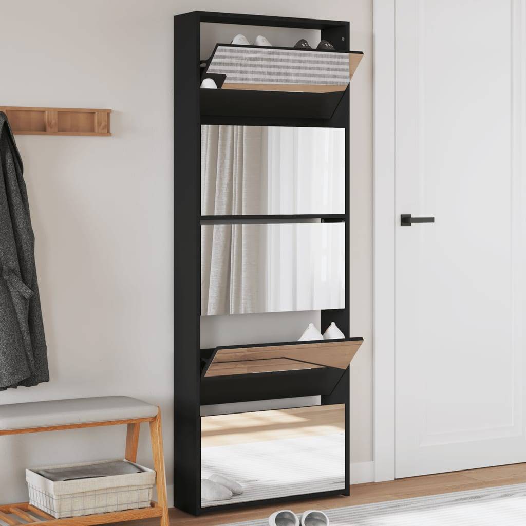 vidaXL Schuhschrank mit Spiegel 5 Fächer Schwarz 63x17x169,5 cm