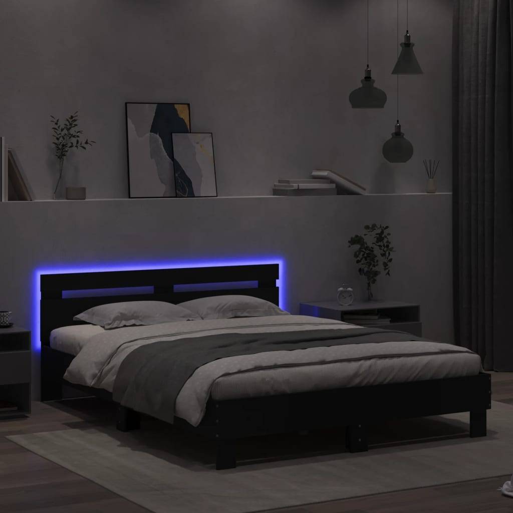 vidaXL Bettgestell mit Kopfteil LED-Beleuchtung Schwarz 140x200 cm