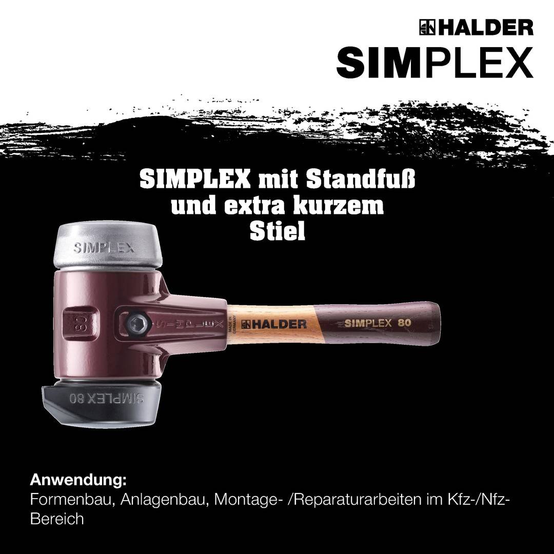 HALDER SIMPLEX Schonhammer Ø 80 mm Gummi / Weichmetall mit Standfuß und extra kurzem Stiel Termpergussgehäuse