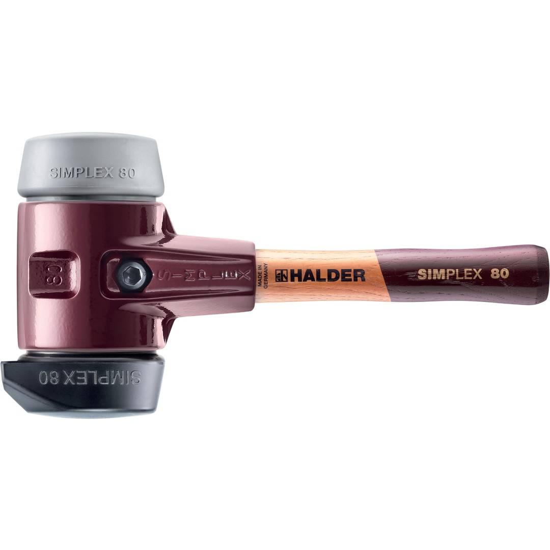 HALDER SIMPLEX Schonhammer Ø 80 mm Gummi / TPE-mid grau mit Standfuß und extra kurzem Stiel Termpergussgehäuse