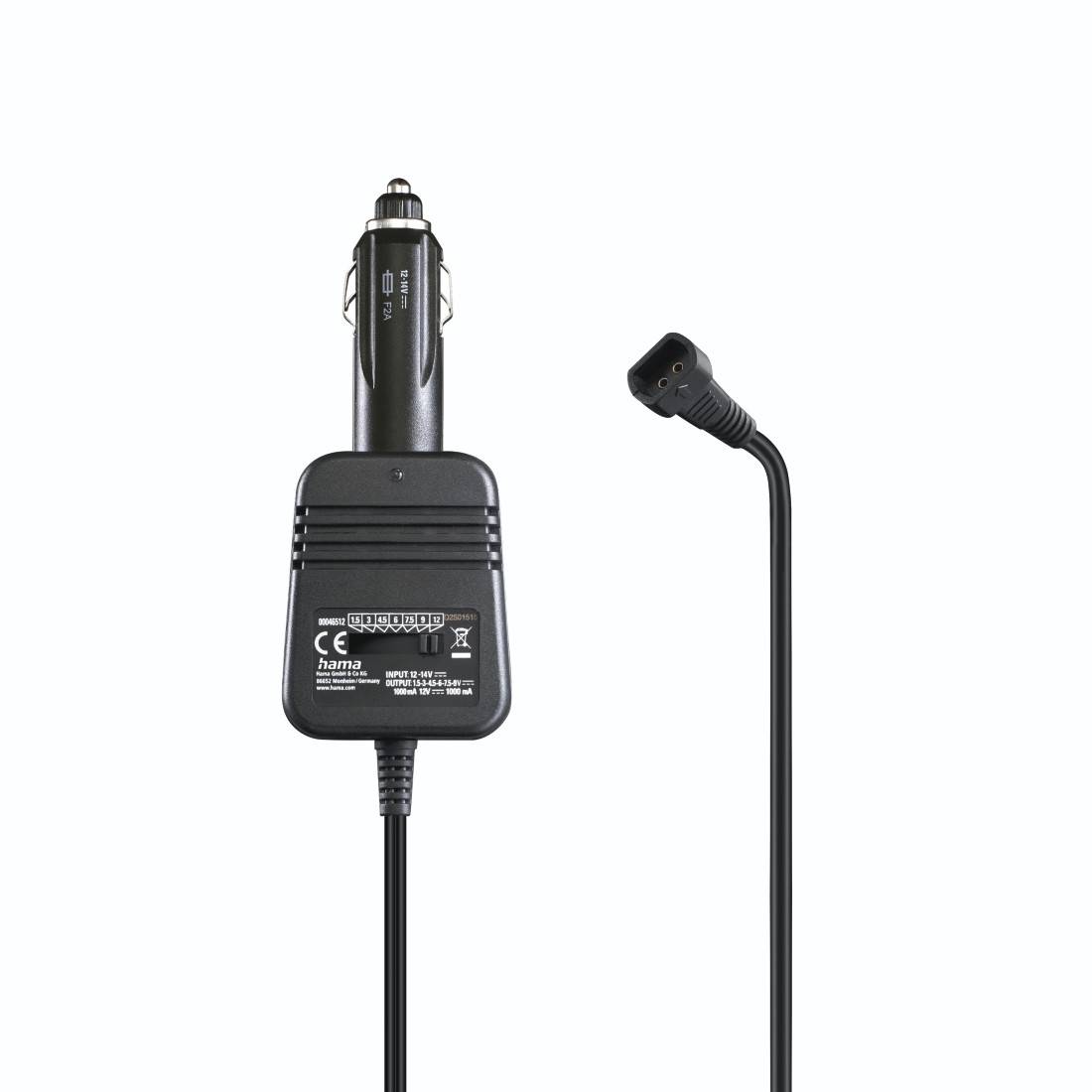 hama 00223401 Netzteil für Kfz, einstellbar, 1000mA, 12W, max. 12V, stabilis., 8 Adapter