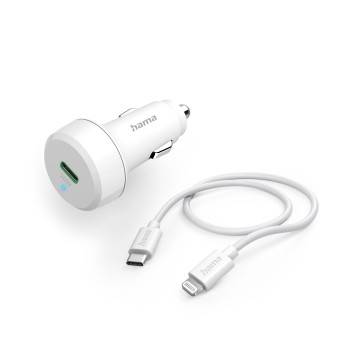 hama 00201611 Auto-Schnellladegerät mit Ladekabel Lightning, PD, 20 W, 1 m, Weiß