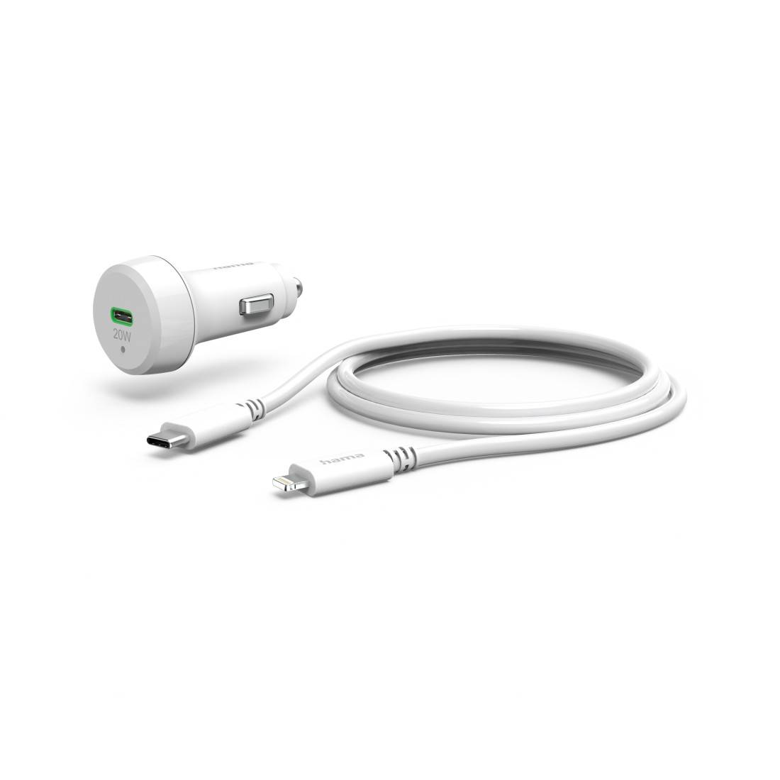 hama 00201611 Auto-Schnellladegerät mit Ladekabel Lightning, PD, 20 W, 1 m, Weiß