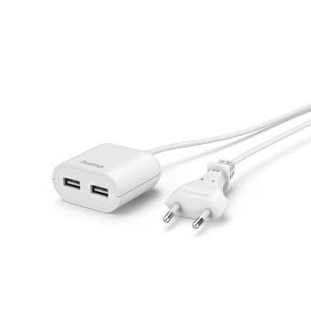 hama 00223203 USB-Netzteil mit 1,9 m langem Kabel, 2,4 A, 2x USB-A, Weiß