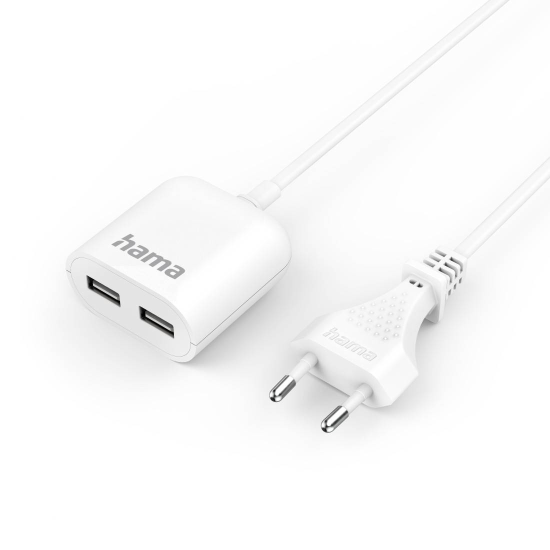 hama 00223203 USB-Netzteil mit 1,9 m langem Kabel, 2,4 A, 2x USB-A, Weiß