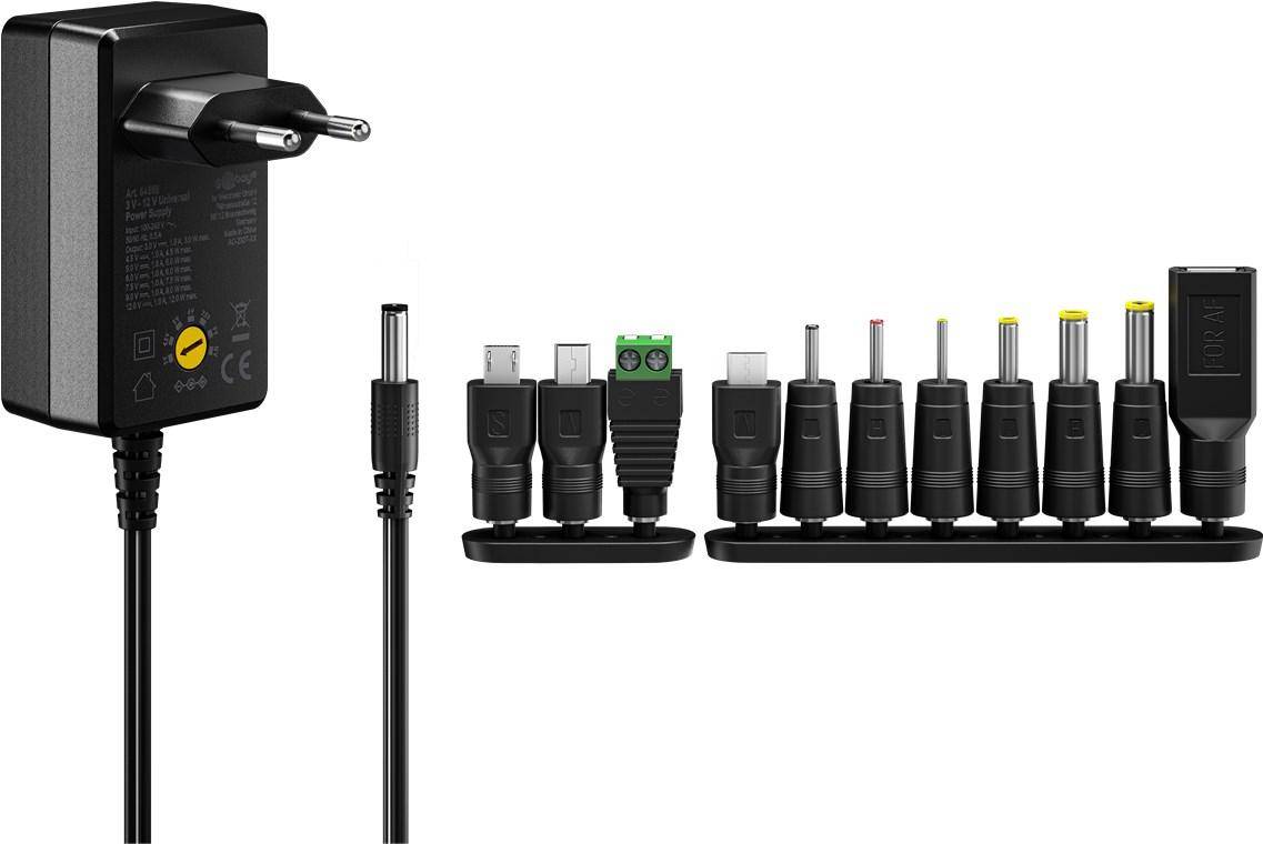 Goobay 64569 Universal Netzteil 3-12V Ladegerät 11 Adapter USB & DC Steckernetzteil max. 18W / 1,5A Netzadapter Schwarz