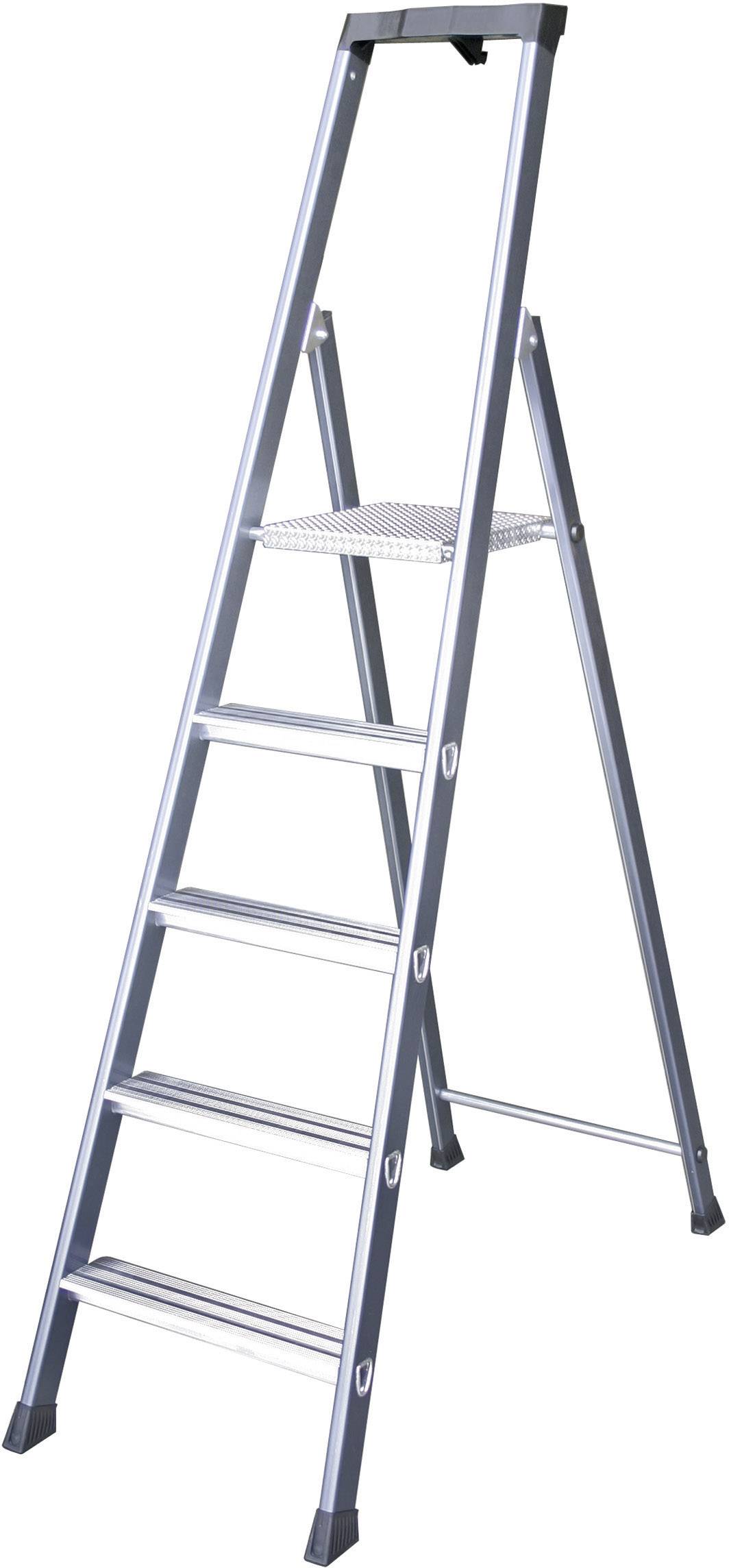Eine silberne Stehleiter mit fünf Stufen, ausgeklappt und bereit zur Nutzung; geeignet für Arbeiten in der Höhe im Innenbereich.