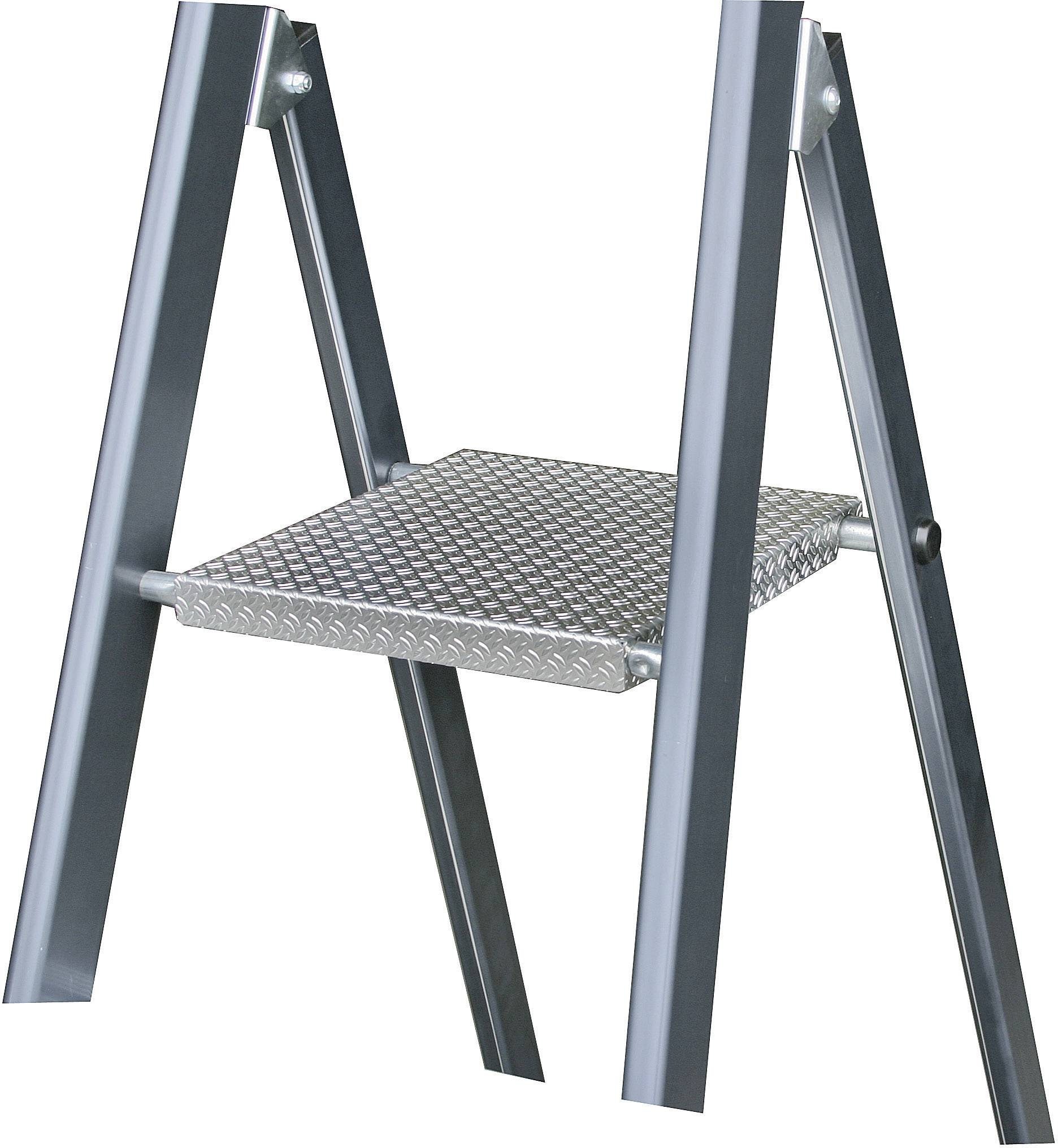 Einzelne Trittstufe einer Metallleiter, silberfarben, mit rutschhemmender Oberfläche, dargestellt in einem einfarbigen Hintergrund.