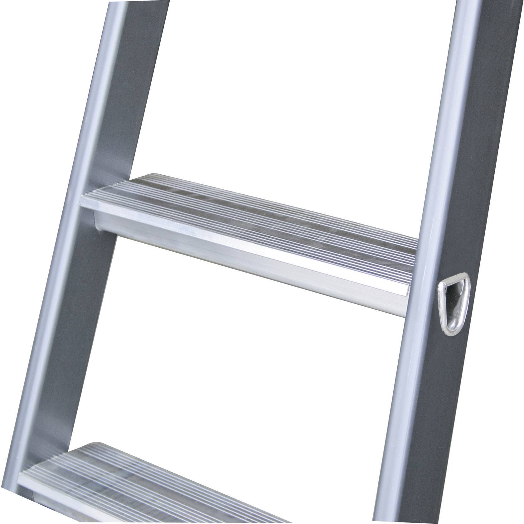Aluminiumleiter mit vier Sprossen, teilweise sichtbar. Sprossen haben rutschfeste Oberfläche, geeignet für Innenraumgebrauch.