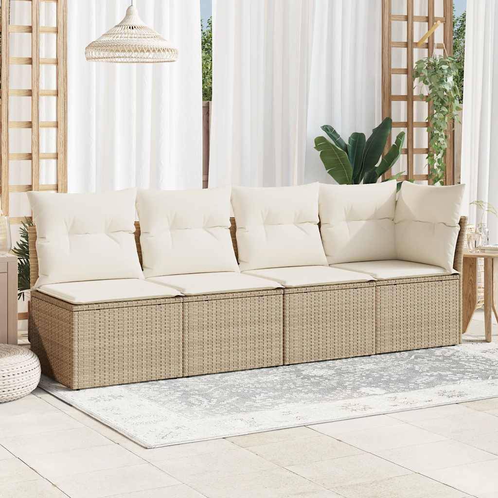 vidaXL Gartensofa mit Kissen 4-Sitzer Beige Poly Rattan