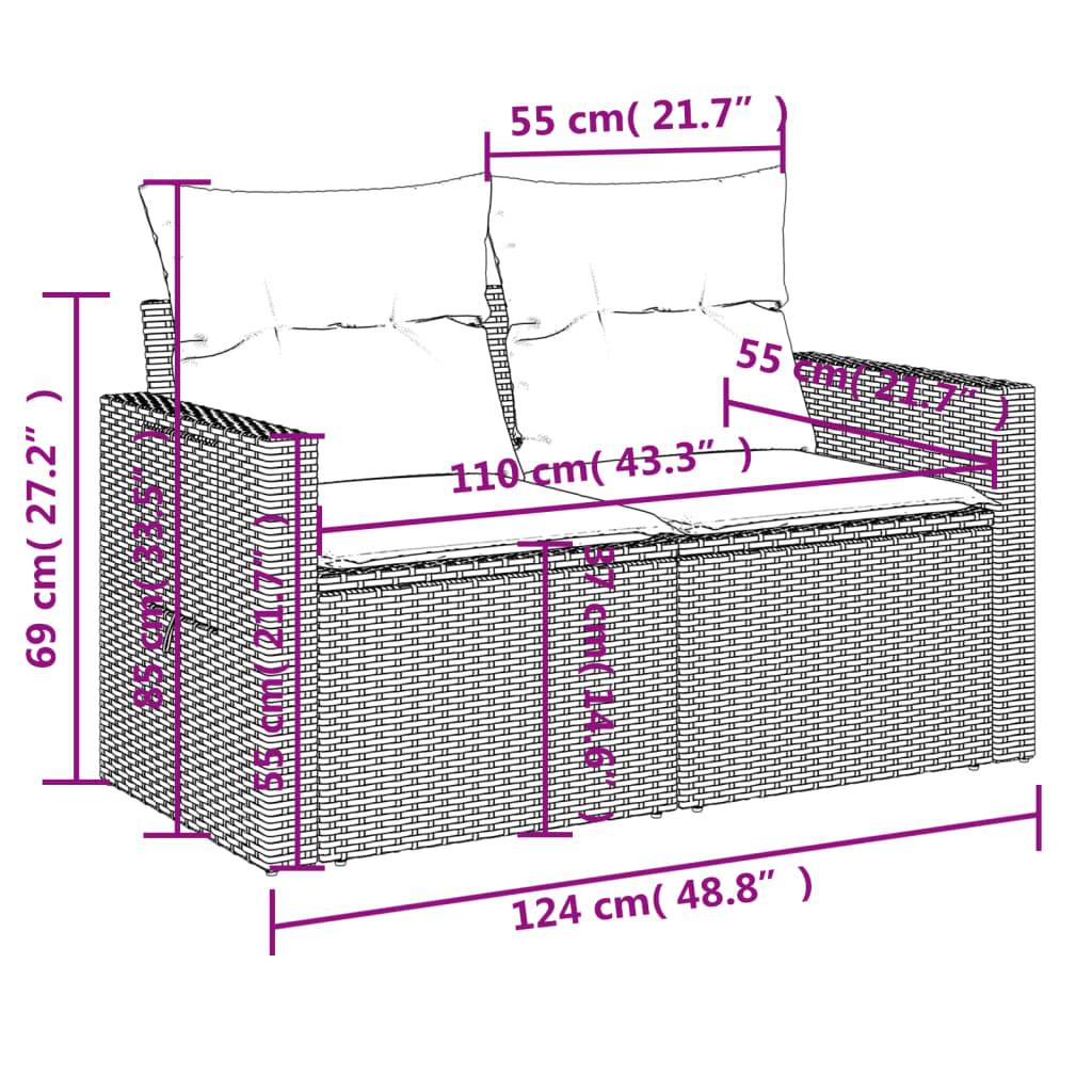 vidaXL Gartensofa 2-Sitzer mit Kissen Grau Poly Rattan