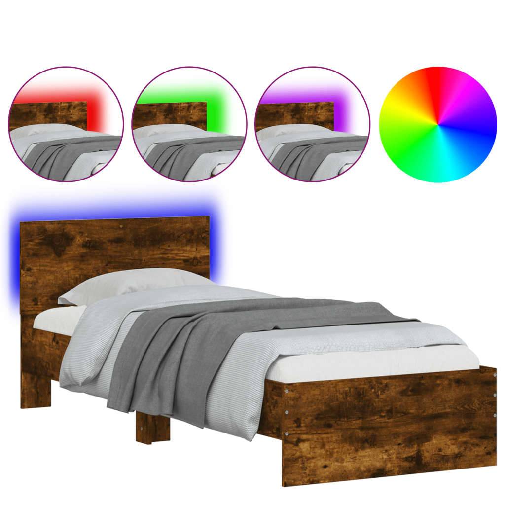 vidaXL Bettgestell mit Kopfteil und LED-Leuchten Räuchereiche 90x200cm